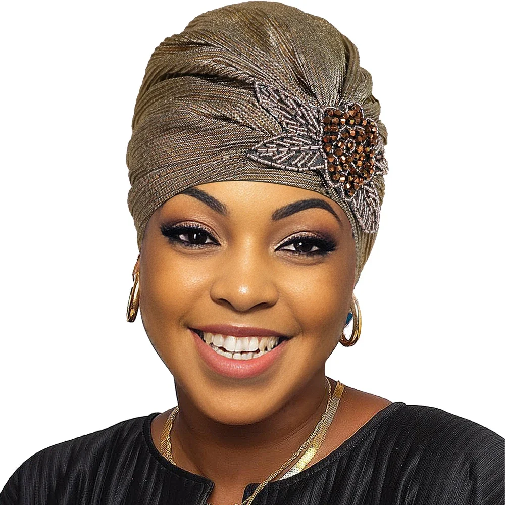 New Bronzed Pleated Headscarf Hat Muslim Hijab Turban Women Chemo Cap Hair Loss Head Wrap Bonnet Shimmer Headwear Accessories