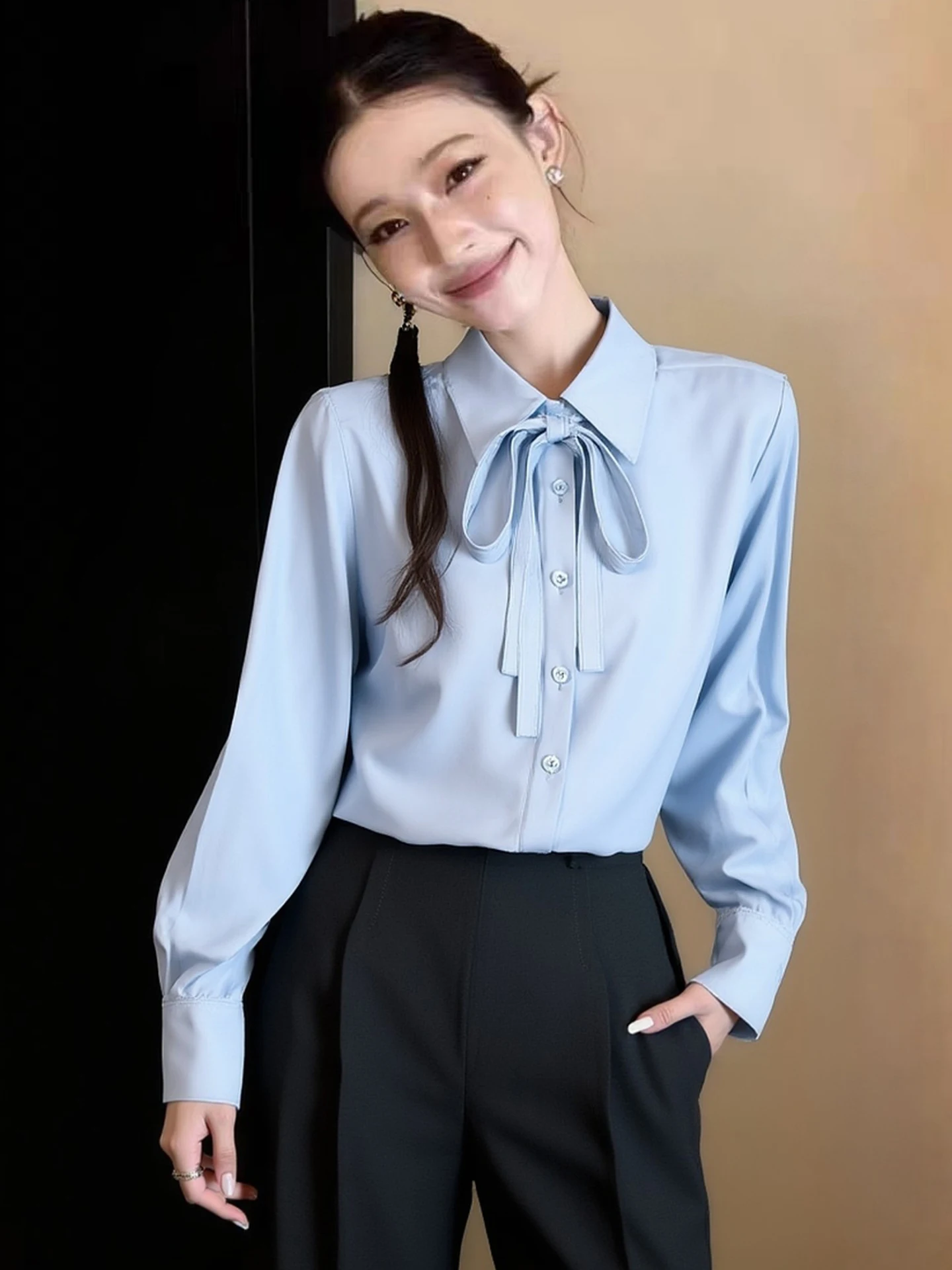 

Ele Long Sve Pure Color irt Women's Single Button Tie Design Spring 2026 Faion Sensation Korean Sle Straight Cut