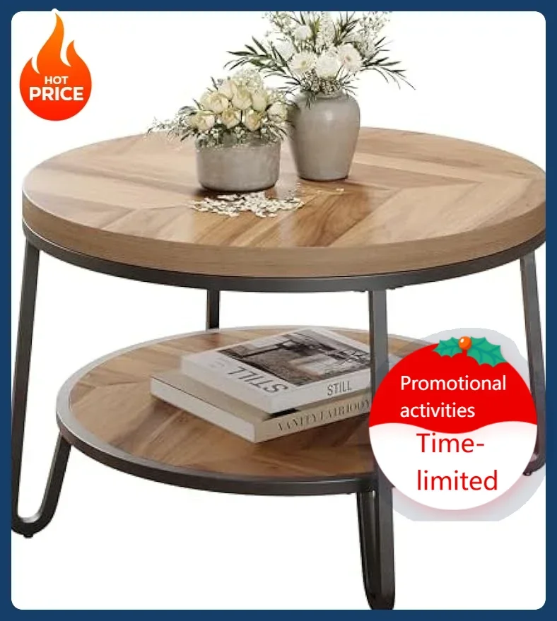 

[Best Seller!]32" Round Coffee Table, Circle Coffee Table for Living Room with 2-Tier Storage Shelves, Design Accent Center Tabl