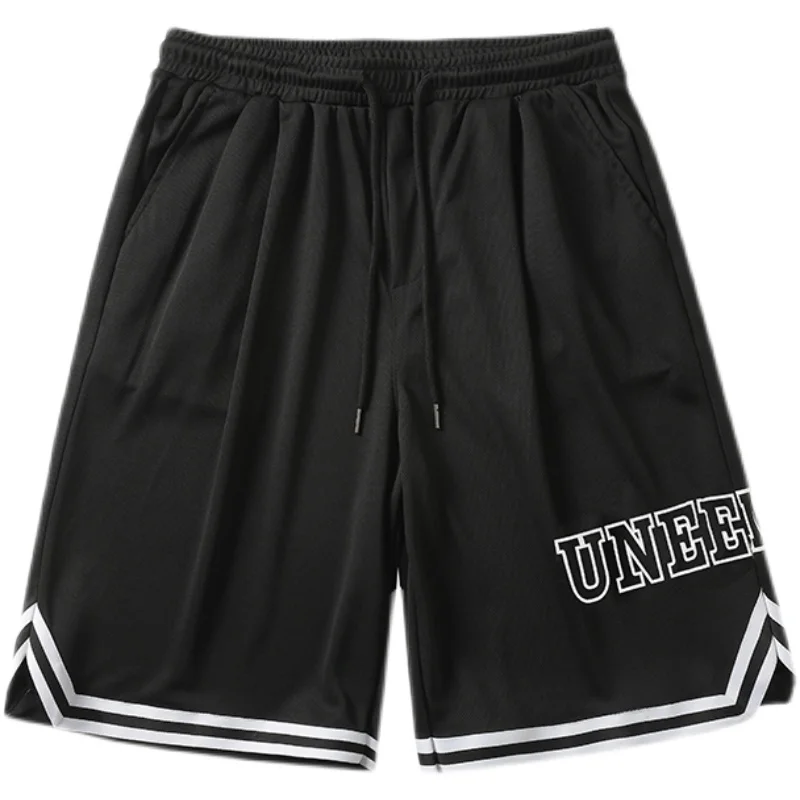 Men Male Sports Jogging Basketball Shorts Loose Soft Drawstring American Streetwear Side Cutted Striped Hem Short Casual Pants