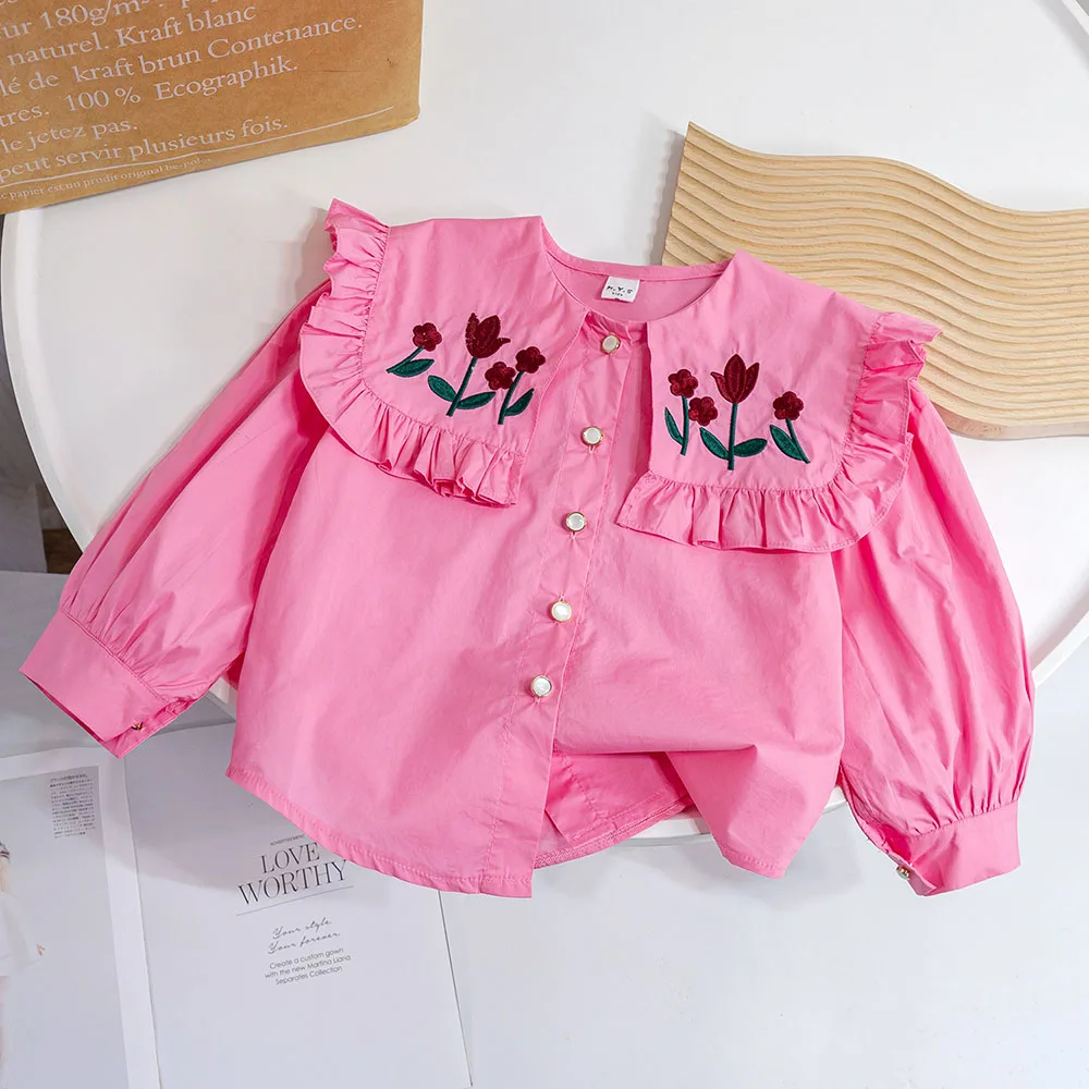 Kids Girls Blouse Floral Embroidery Peter Pan Collar Shirts Spring Long Sleeve Single-Breasted Shirt Tops Children Clothes 1-6Y