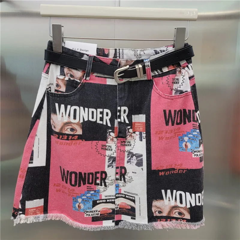 WTHT Fashion Summer 2026 Women Patchwork Cartoon Print Mini Denim Skirt Trendy Big Pocket A-line Wrap Hip Skirts Female 1LS3055