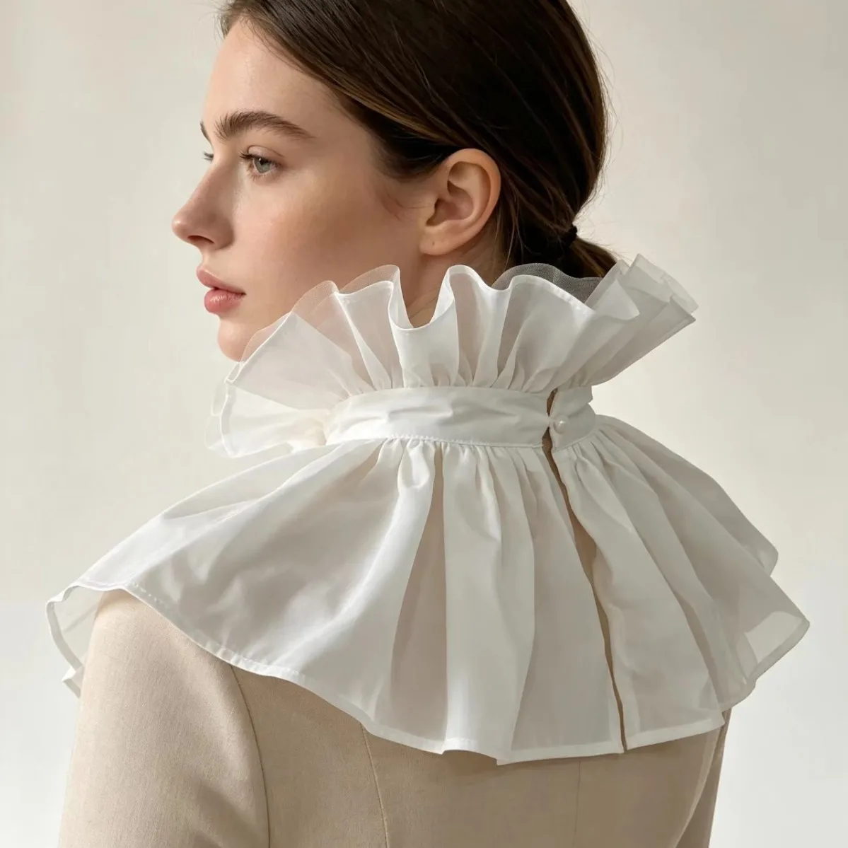 High Collar Ruffle Fake Collar Clown Collar Pearlescent Button Retro Vintage Cape Collar Cos Scarf