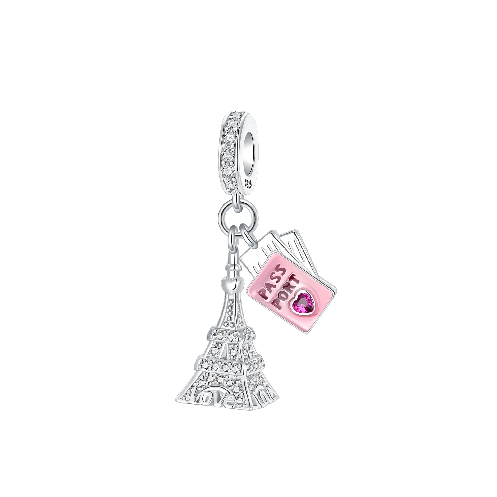 925 Sterling Silver Paris Travel Dangle Charm Sparkling Tower Passport Bead Fit Bracelet DIY Jewelry Gift for Travelers & Couple