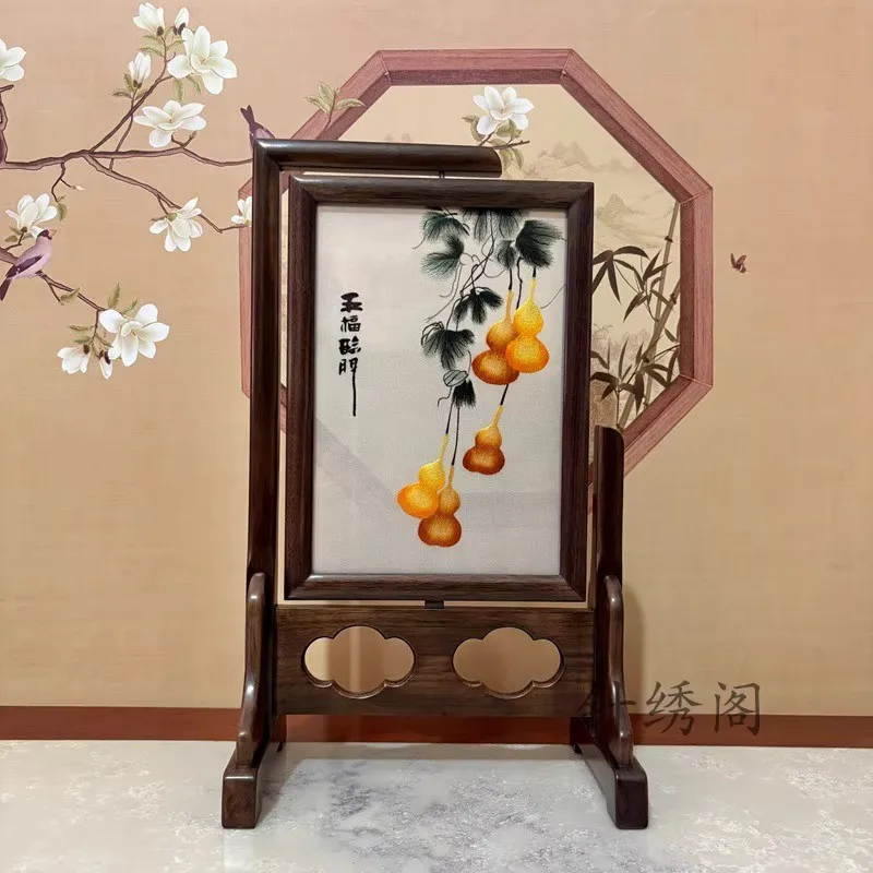 Handmade Embroidery Finished Products Embroidery Ornament Double-sided Embroidery Gift Chinese-style Solid Wood Table Screen
