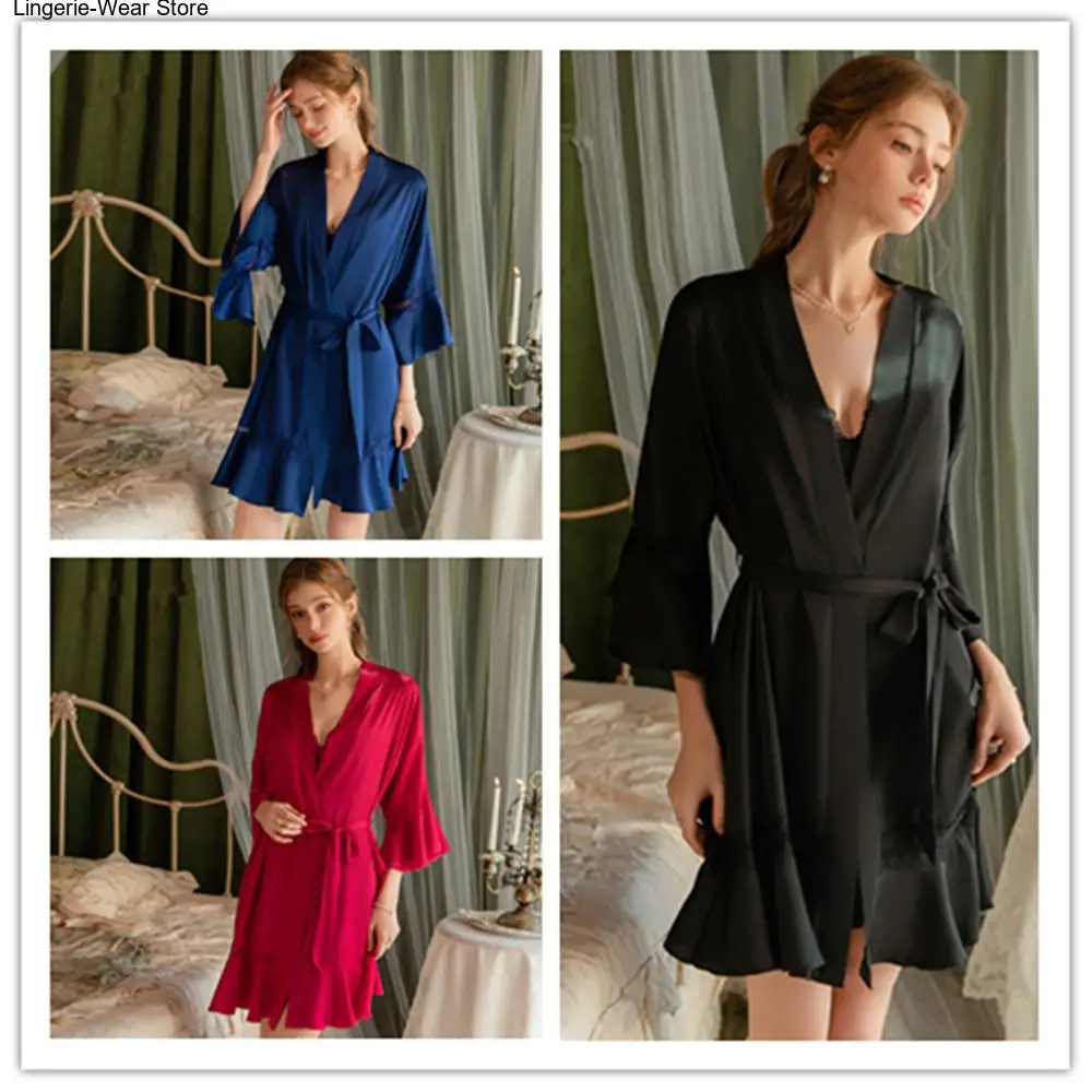 Elegant Ruffle Women's Robe Kimono Gown Sexy Hollow Out Lace Mujer Lingerie Nightgown Sleepwear Loose Silky Satin Home Dress