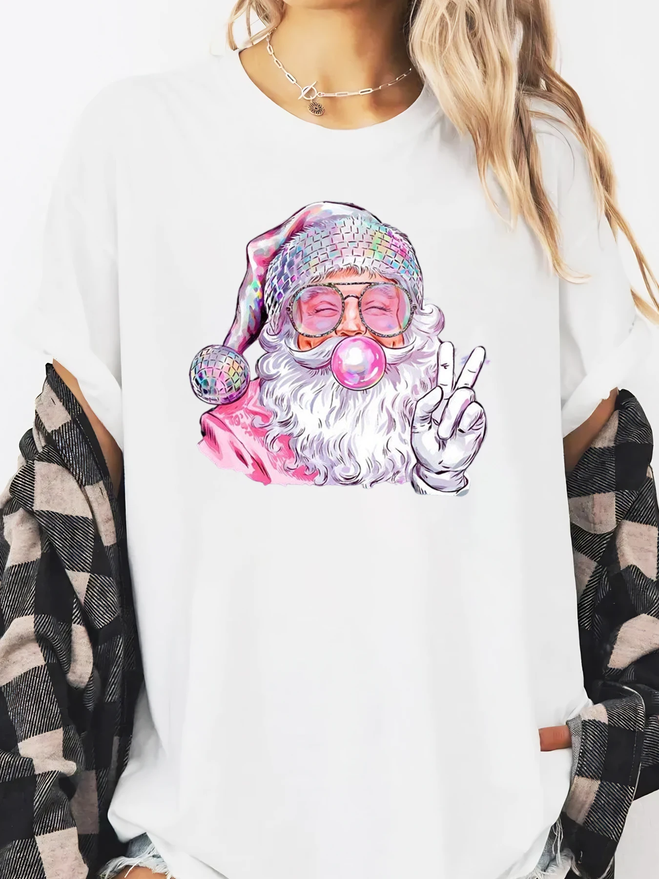Disco Santa Claus Print Christmas T-Shirt Women Casual Holiday Party Wear White Plus-size