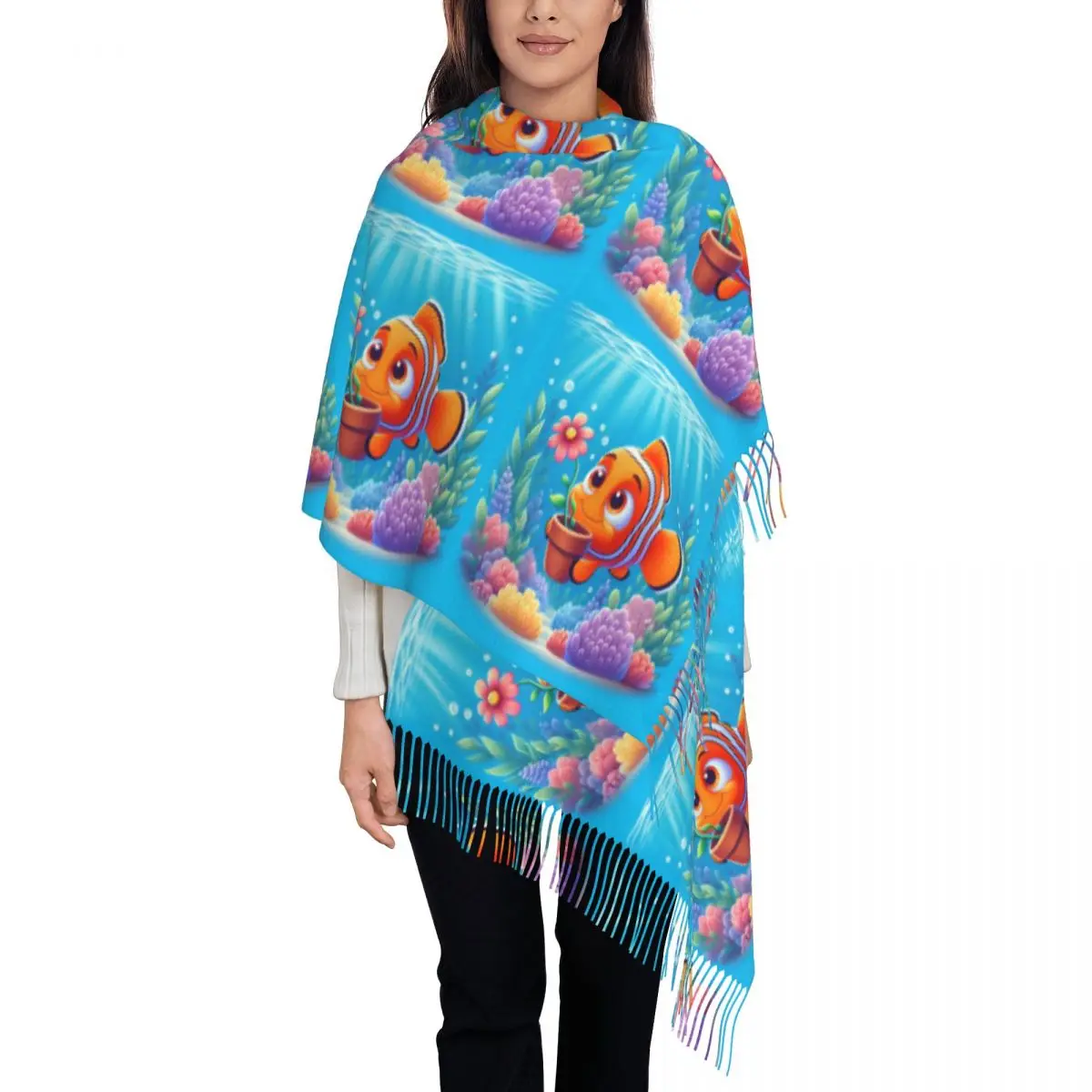 Custom Nemo Wallpaper Scarf Wrap Women Long Winter Fall Warm Tassel Shawl Unisex Finding Nemo Scarves