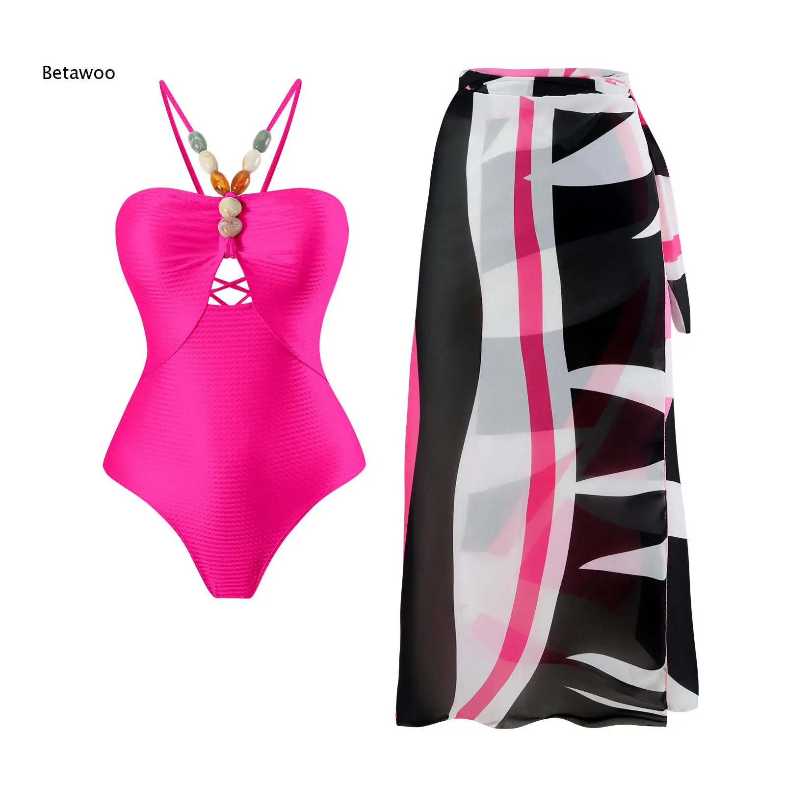 

Textured Spaghetti Strap Beaded One Piece Bathing Suit With Printed Wrap Skirt