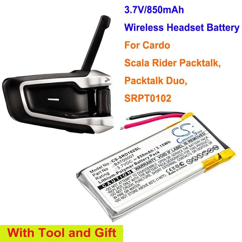 Cameron Sino 850mAh Wireless Headset Battery for Cardo Scala Rider Packtalk, Packtalk Duo, SRPT0102