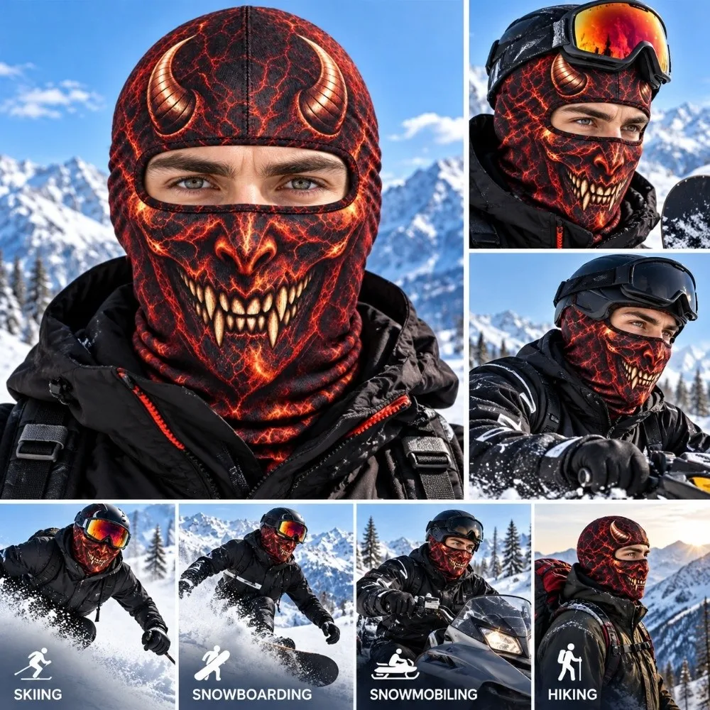 3D Printed Skull Demon Print Funny Ski Mask Breathable Eye Hole Quick Dry Ski Mask Hood Full Coverage Sweat Absorbent