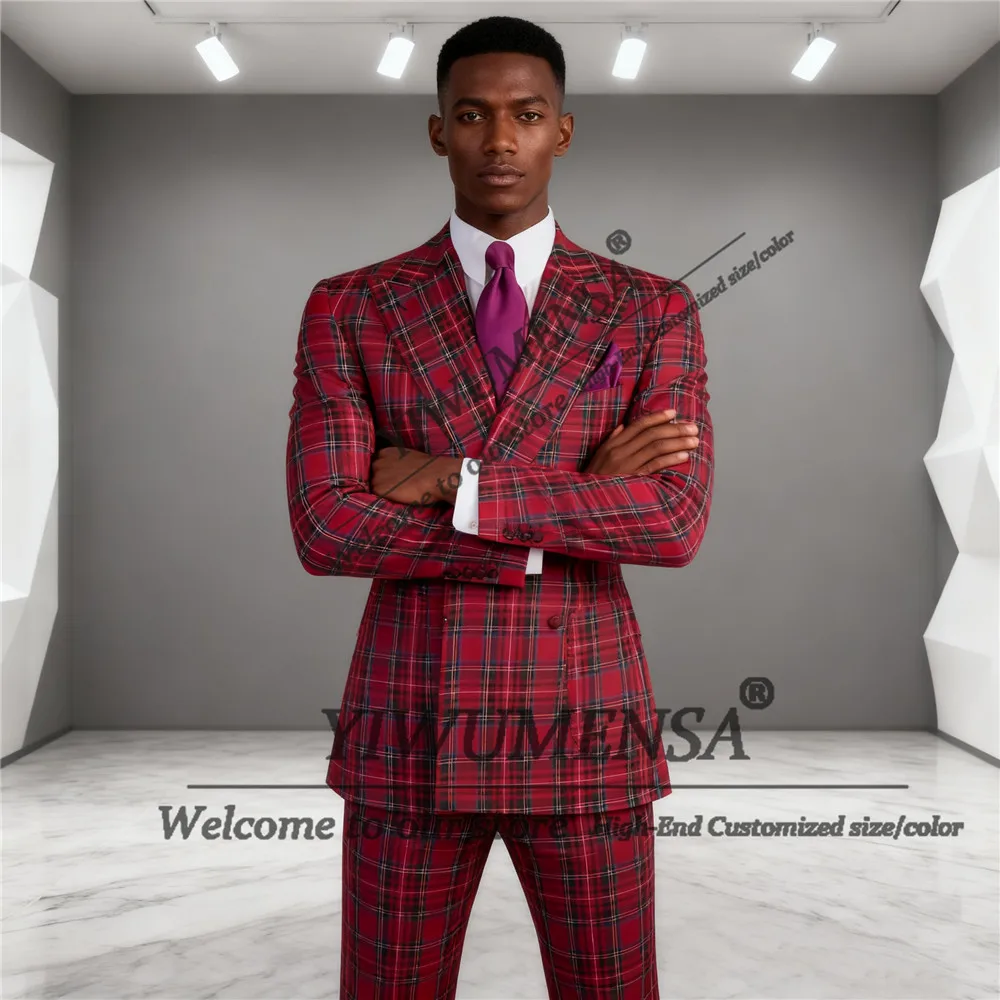 

British Style Plaid Check Men's Suit Double Breasted Prom Blazers Customized 2 Pieces Sets Man Business Party Tuxedos Outfits