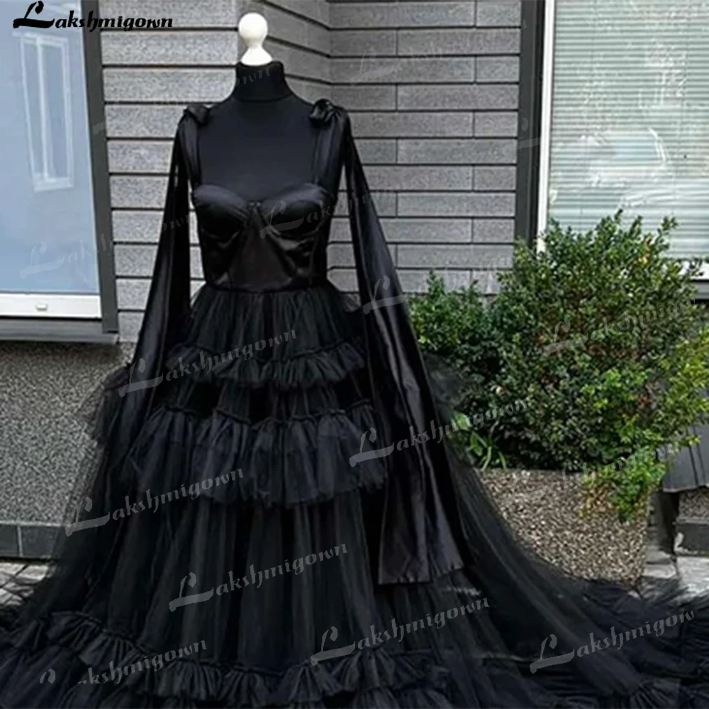 หรูหรา Tulle ไม่มีที่สิ้นสุดชุดแต่งงานสีดำชุดไปงานเต้นรำ Goth ชุดราตรี Classic Chic Appliqués ลูกไม้ขึ้นกลับ Robe De Mariage 2023