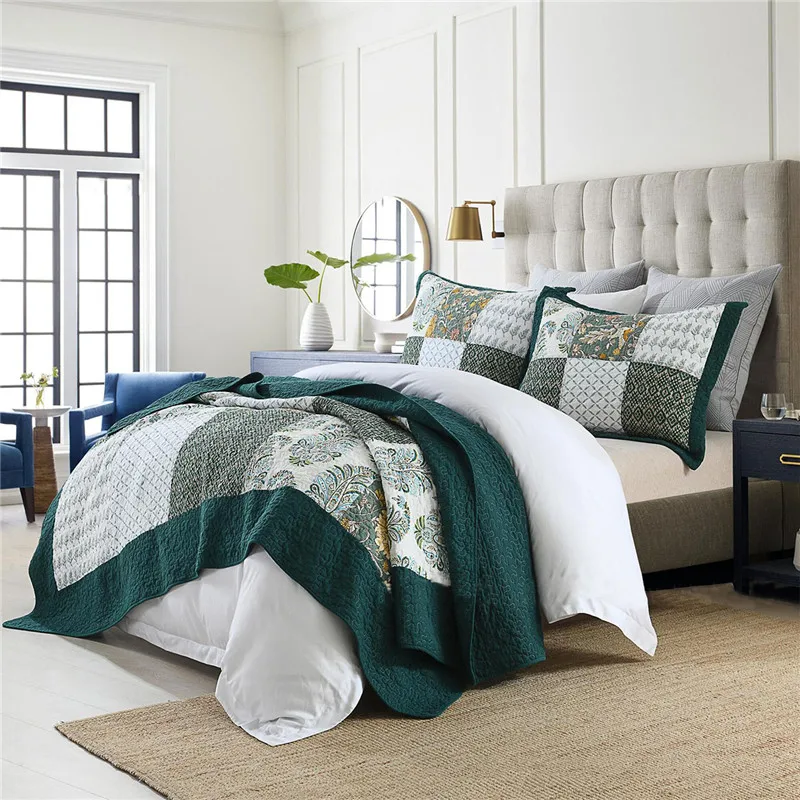Vintage Plaid Cotton Quilt Set 3pcs Bedspread on Bed Patchwork Coverlet Queen King Size Quilted Comforter Blanket for Bed Cover