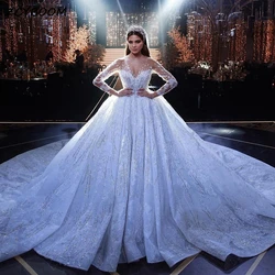 Gorgeous Long Sleeves White/Ivory Wedding Dress 2024 Luxury Ball Gown Illusion Shiny Sequins Beading Long Bridal Gowns