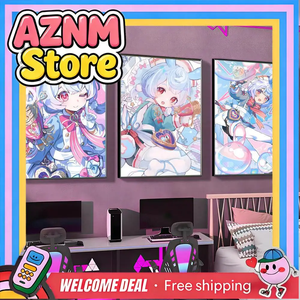 AZNM Genshin Impact Sigewinne Kawaii Bunny-Eared Anime Frameless Canvas Wall Art, Cute Game Character Poster for Gaming Room