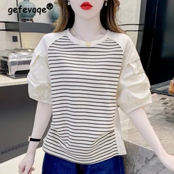 Modne damskie bluzki patchworkowe w paski Słodkie szykowne koszule wstążkowe Casual O Neck Krótki rękaw Slim Tops Summer Blusas