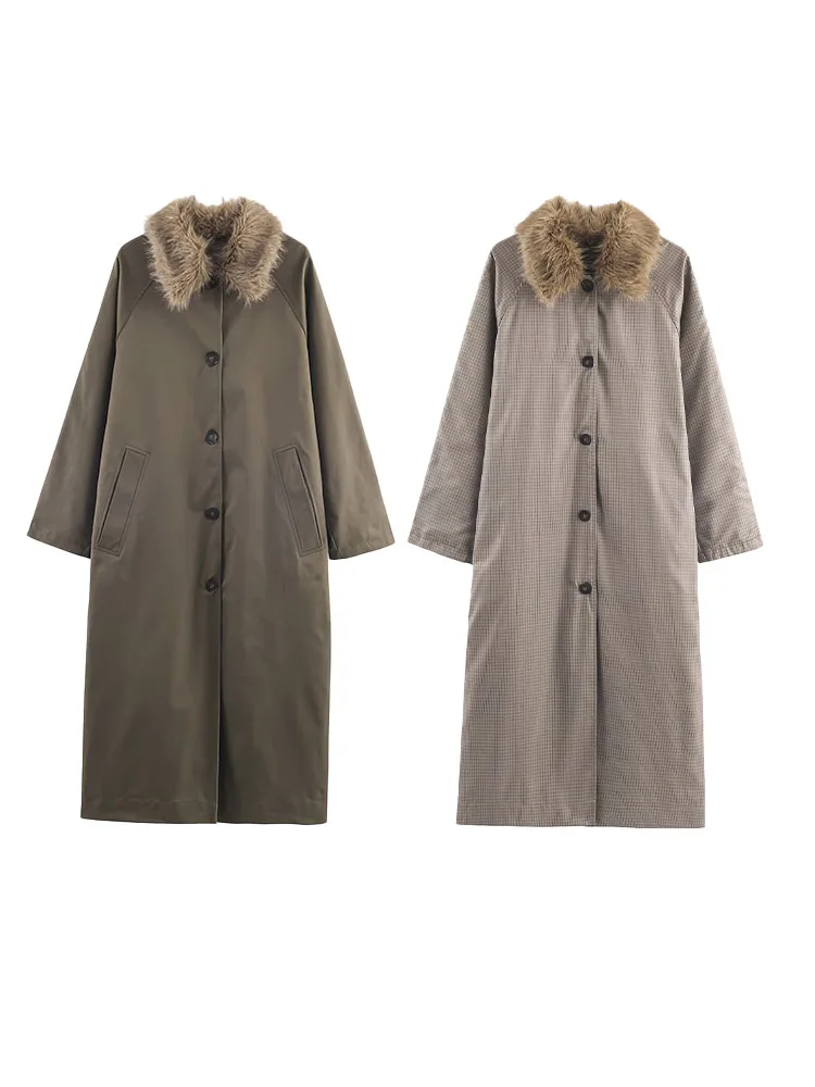 HH Women Winter Fashion Faux Fur Effect Collar Reversible Detachable Windbreaker Coat Female High Street Lapel Long Jacket Mujer
