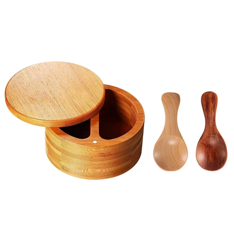 BEAU-Bamboo Salt And Pepper Box, Salt Cellar With 2 Storage Compartments Swivel Lid And Magnet To Keep Dry, With 2 Spoons