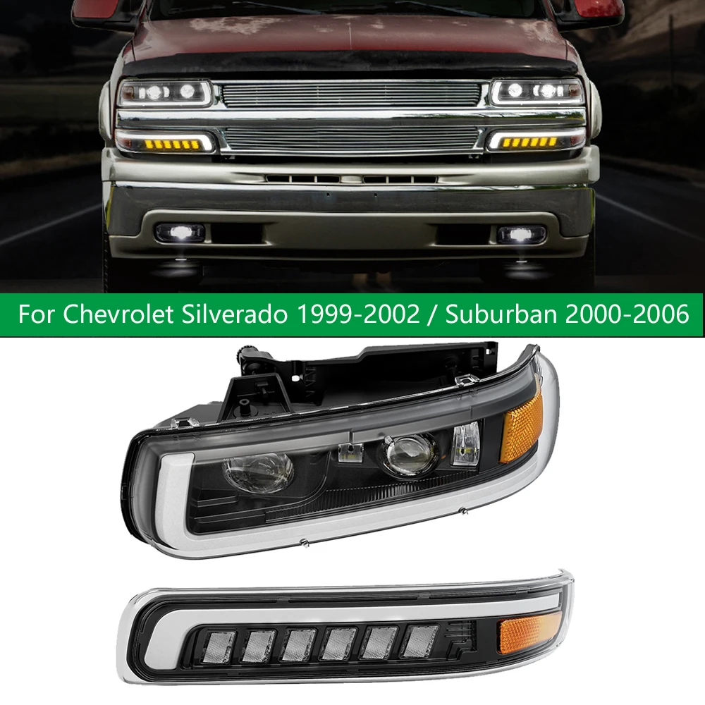 

Car LED Headlights With Bumper Lamps For Chevrolet Silverado 1500 2500 1999 2000 2001 2002 Chevy Tahoe Upgrade Led Front Lights