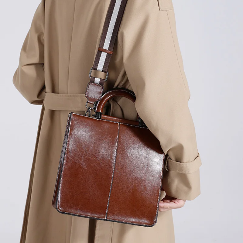 Durable Structured Satchel with Detachable Striped Crossbody Strap Vintage Brown Genuine Leather Tote Bag for Women