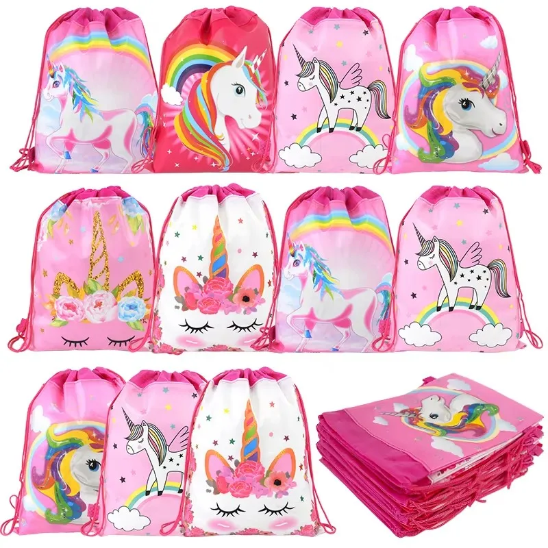 1/48pcs Unicorn Drawstring Gift Bags Rainbow Floral Unicorn Party Favor Bags Kids Birthday Party Candy Storage Backpack Pouches