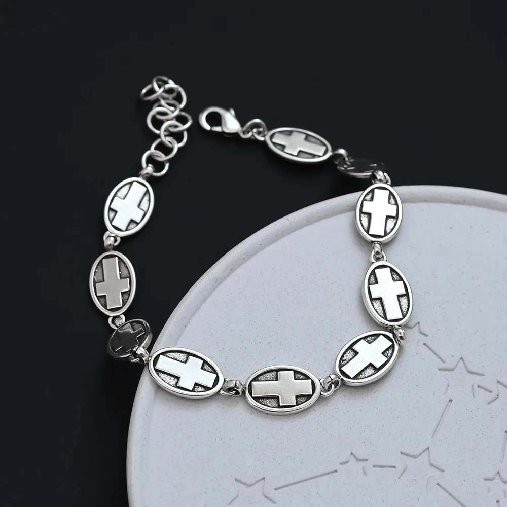 925 Sterling Silver Bracelets for Women Men String Accessories Retro Cross Pattern Pendant Party Jewelry Gift