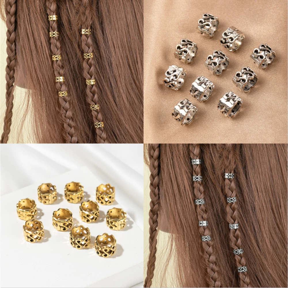 10pc Retro Dreadlock Beads Gold Hair Braid Dread Clip African Braids Cuff Rings Jewelry Decoration Dreadlock Styling Accessories