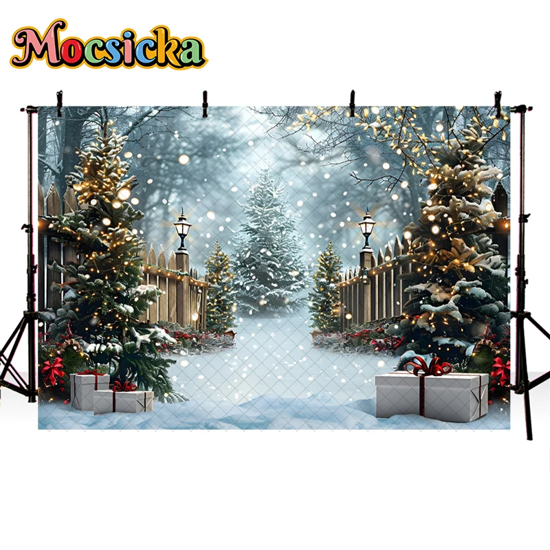 Mocsicka Winter Xmas Background For Holiday Party Child Adult Portrait Photography Christmas Tree Fence Street Lights Decoration