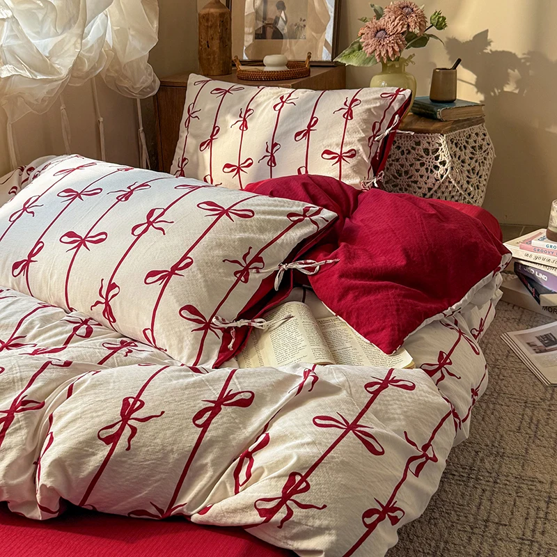 3/4PCS Red Butterfly Knot Bedding Set  Grid Cute Pony Printed Duvet Cover Set for Goth Girl Bedroom Decoration King Queen Size