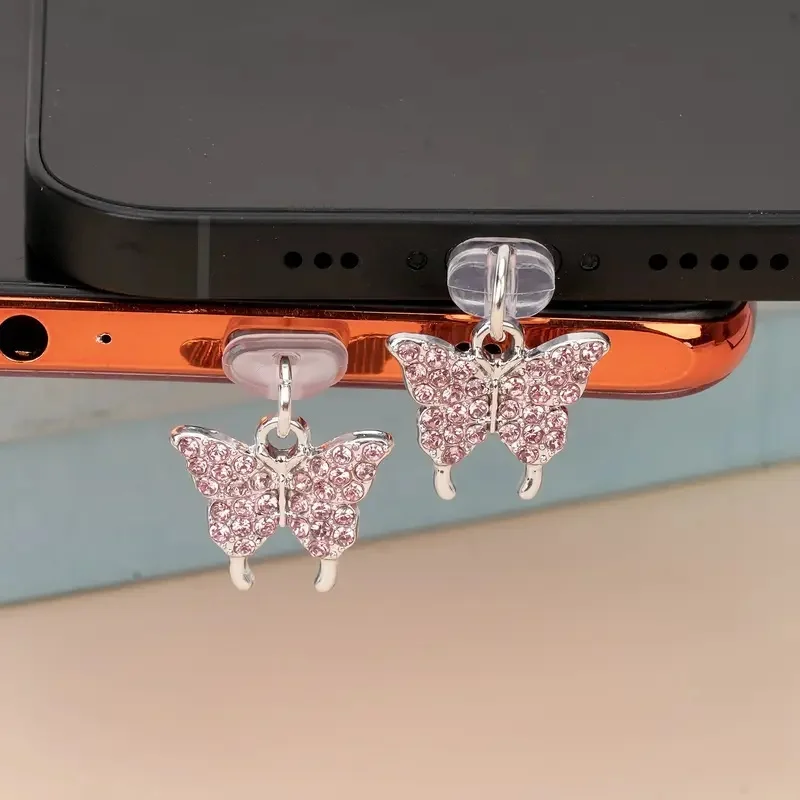 قطعة واحدة من قابس غبار الهاتف على شكل فراشة وردية، قابس مقاوم للغبار للهاتف، ديكور قلادة الهاتف، مناسب لهاتف Iphone/Type-C #1
