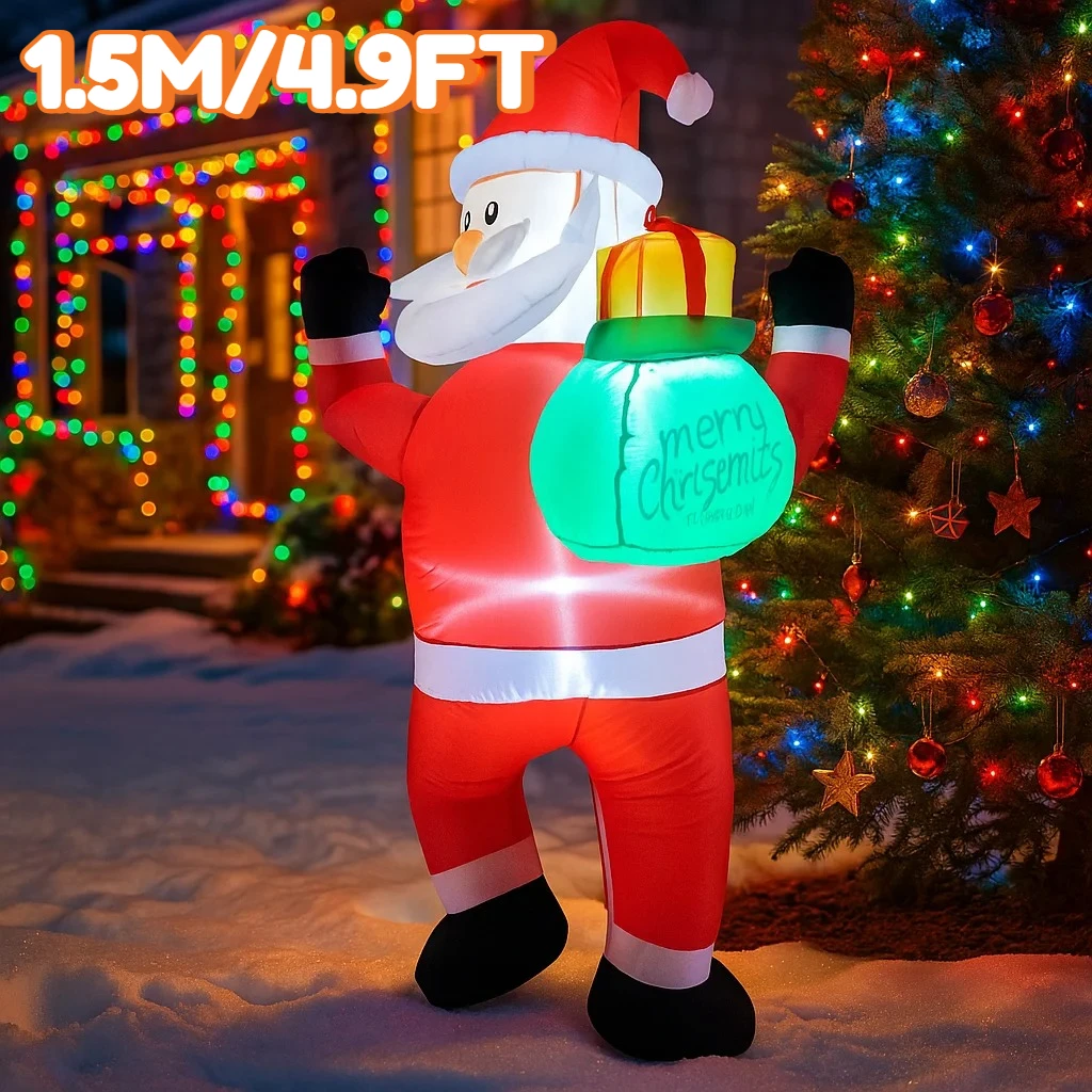 1.5M/4.9FT Inflatable Santa Claus with Gift Bag  Lights LED Home Holiday Lighting Decor Yard Xmas Supplies Outdoor Garden Decor