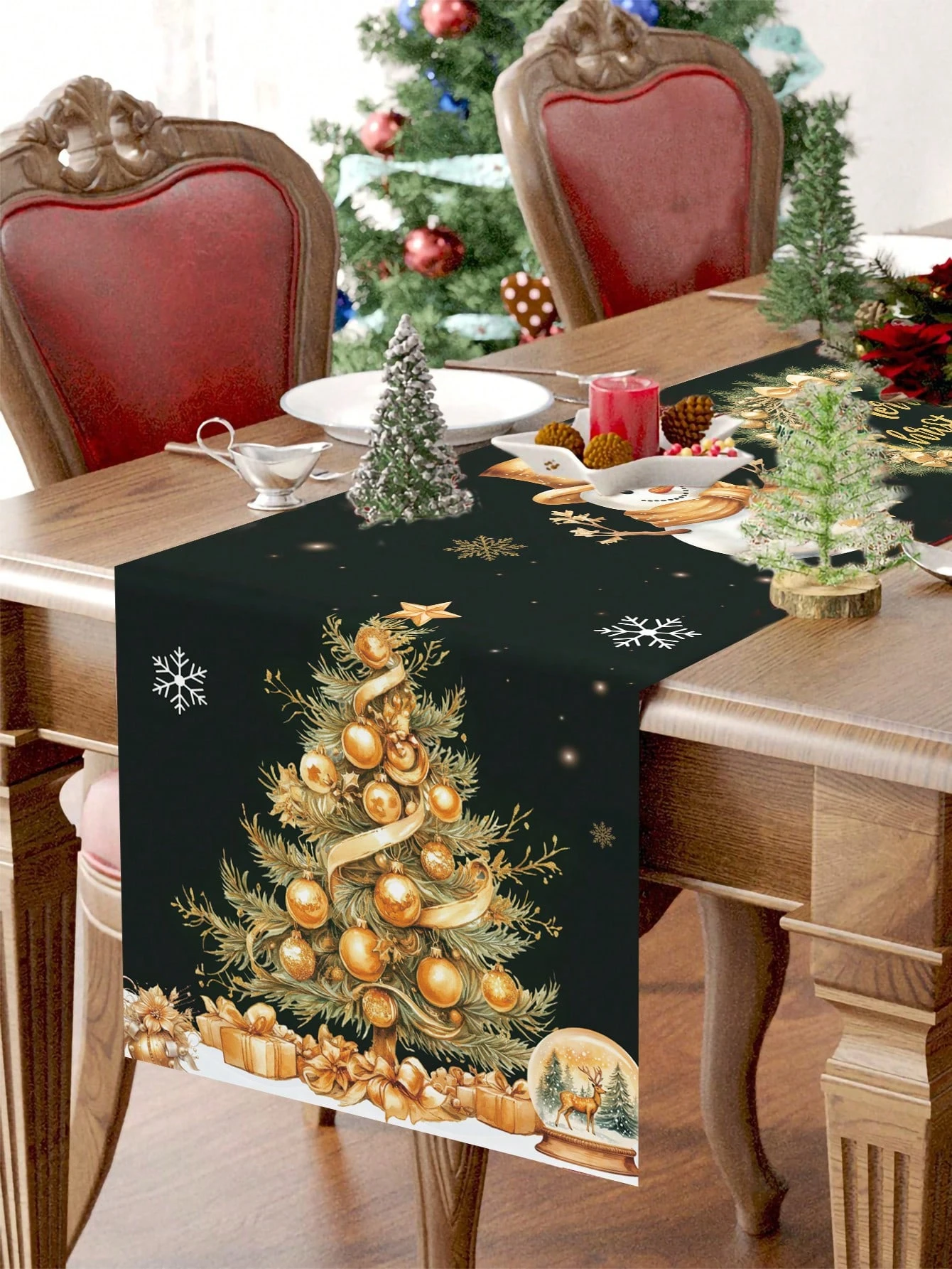 1pc Black Gold Christmas Decor  Table Runner  Christmas Tree/Wreath/Snowman Pattern, Flat Print, Ideal for Merry Christmas Party