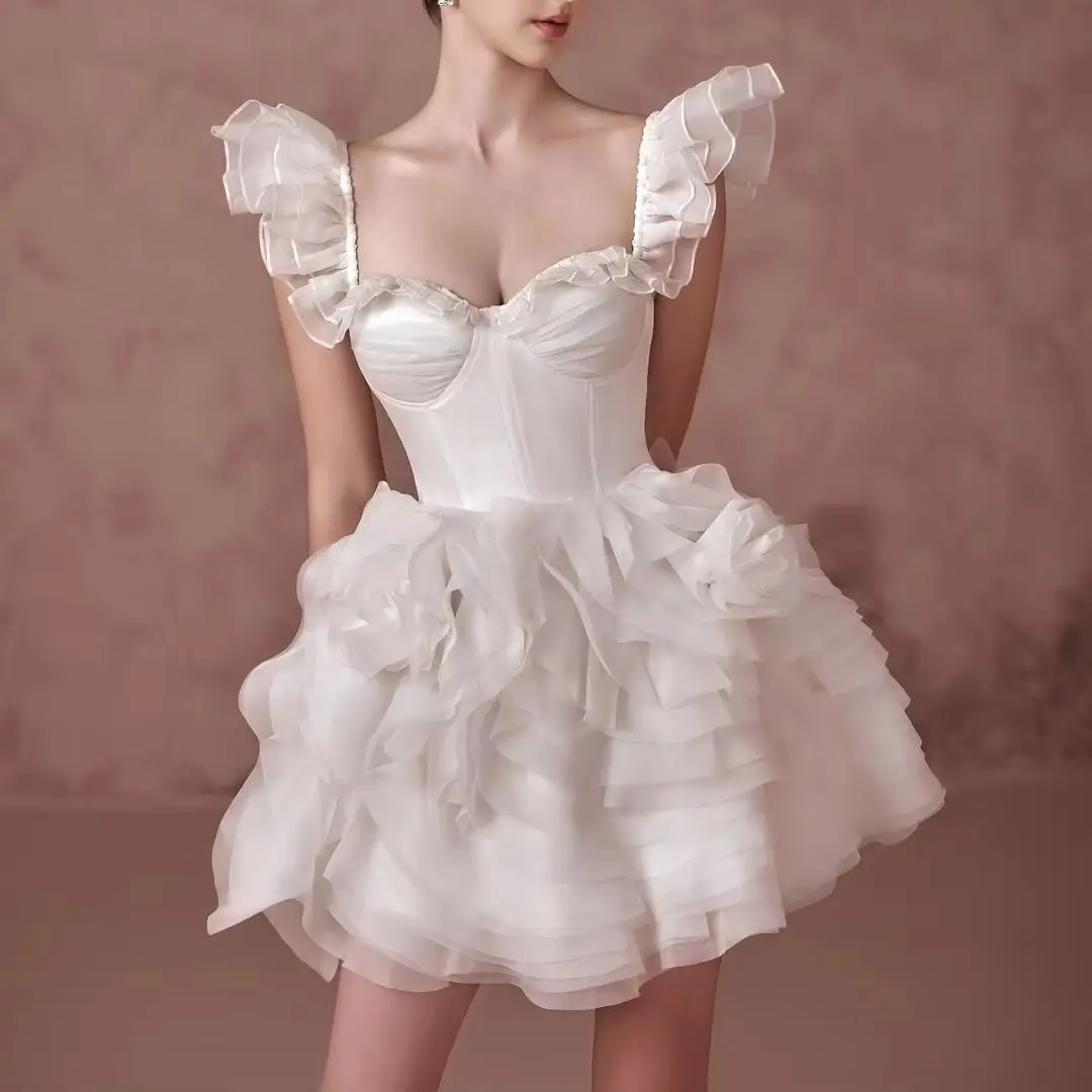 

Giyu Princess Mini Wedding Dresses Sweetheart Pleat Square Collar Short Wedding Dresses A-Line Ruffle Prom Gowns Bridal Gown