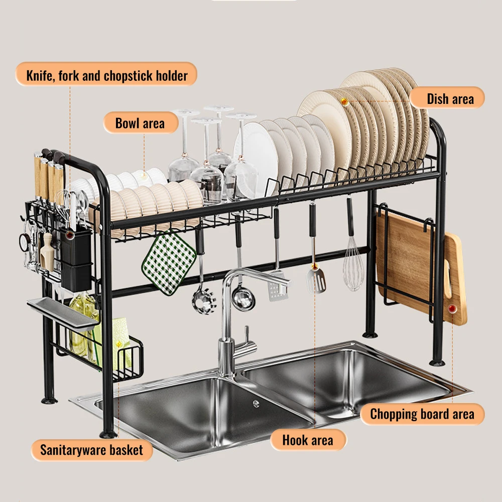 Égouttoir à vaisselle compact en acier de 81 cm de large, à poser sur l'évier, organisateur de comptoir de cuisine avec égouttoir et porte-ustensiles