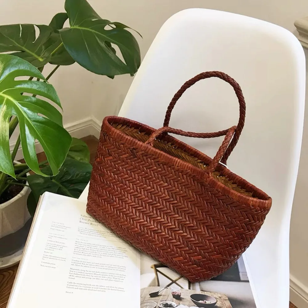 French Vegetable Basket Bag Cowhide Handwoven Bag Women's Niche Large-capacity Leather Seaside Vacation Handbag Casual Versatile