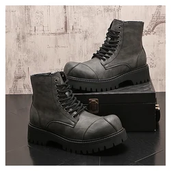 British style mens fashion high motorcycle boots lace-up original leather shoes big toe cowboy platform boot cool desert botas