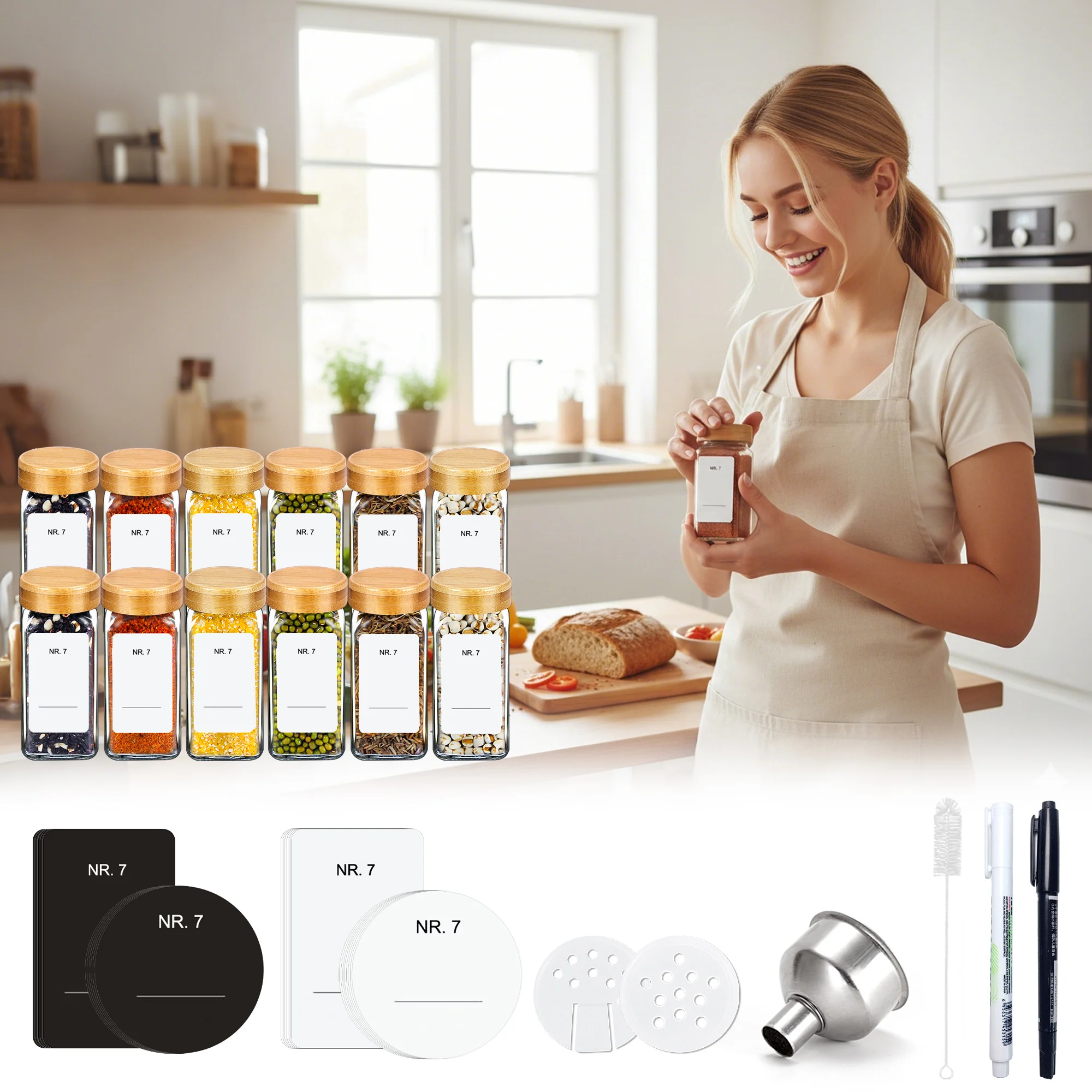 Quadratisches Gewürzgläser-Set aus Glas mit Bambusdeckeln, 120 ml luftdichte Aufbewahrungsbehälter, geeignet für die Gewürzorganisation in der Küche