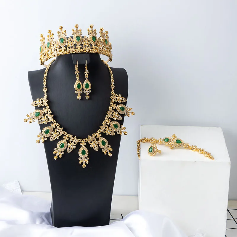 

Gorgeous Golden Plated 4-Piece Bridal Set Tiara Necklace Earrings Bracelet For Wedding Gift Bridal Luxury Jewelry