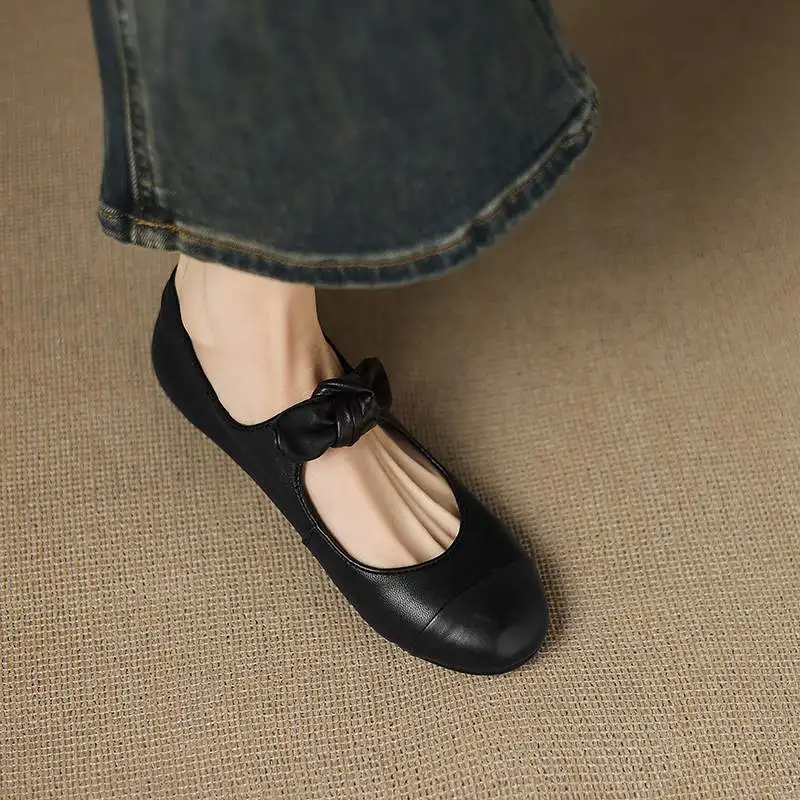 Krazing Pot 2025 Sheepskin Round Toe Women Summer Ballet Dancer Street Wear Shallow Mixed Color Butterfly-knot Comfortable Flats