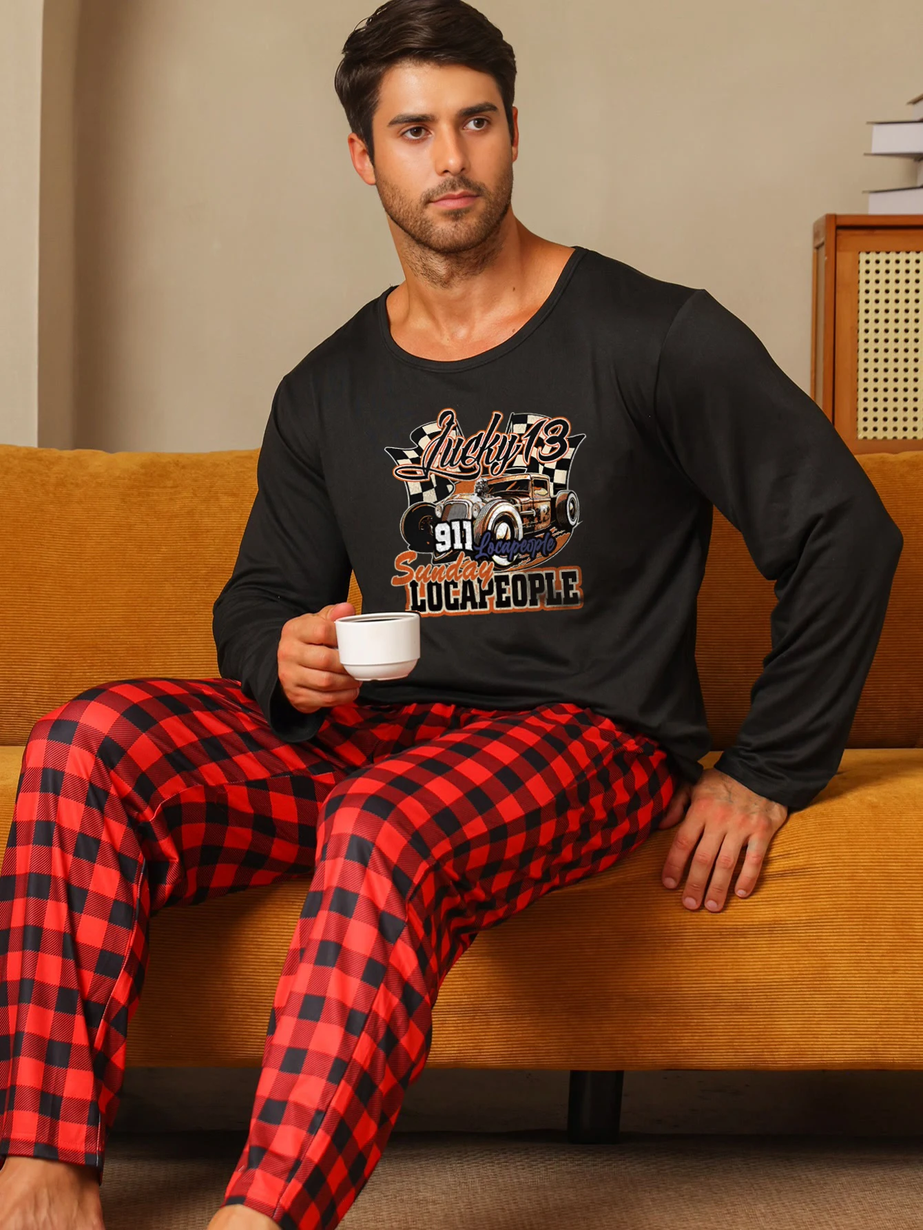 Two piece sets men's pajamas autumn and winter long sleeved pants car letters sleepwear set