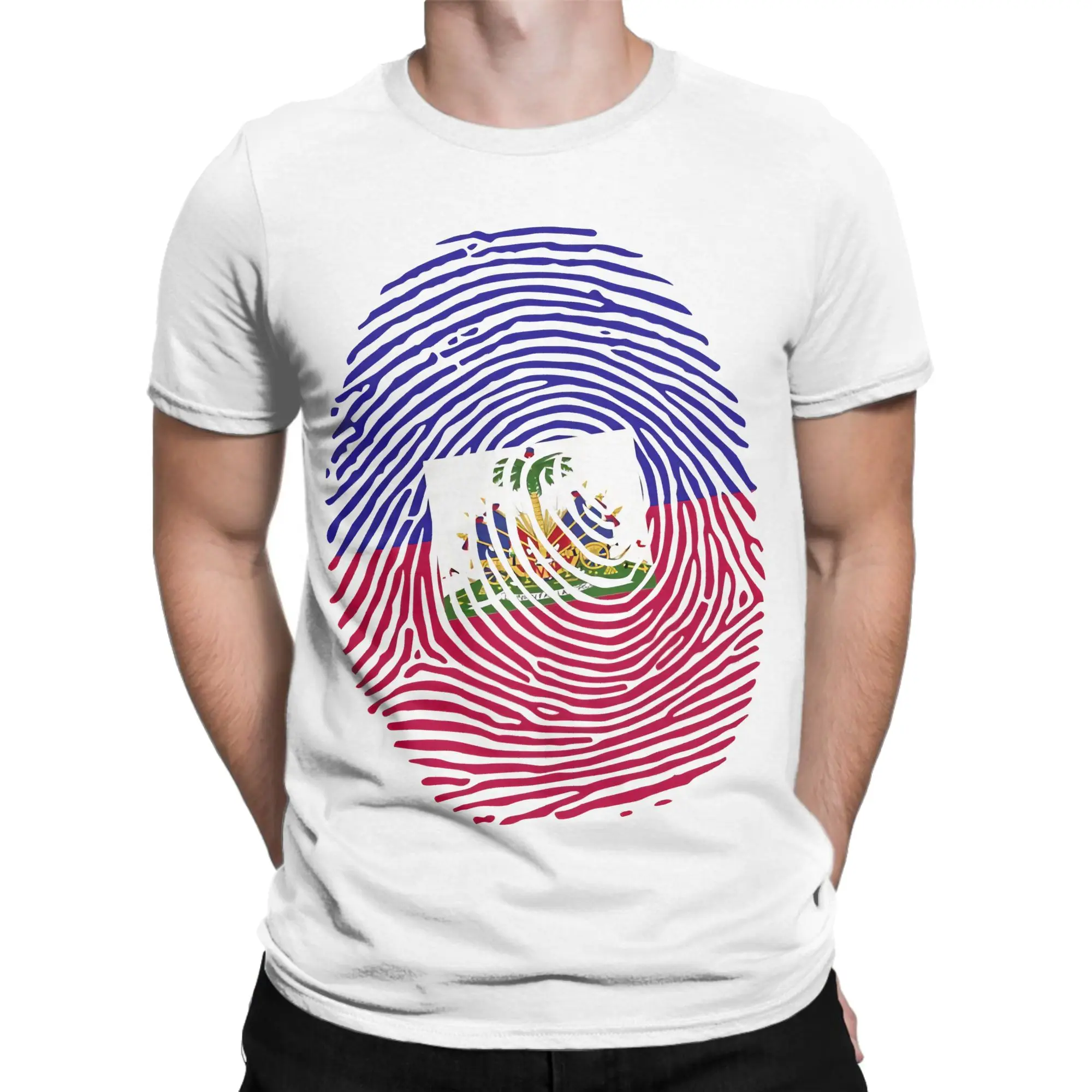Funny Haiti Flag Fingerprint Haitian Flag T-Shirt For Men Women Round Neck Short Sleeve Tops Shirts  100%Cotton Summer Top Tee