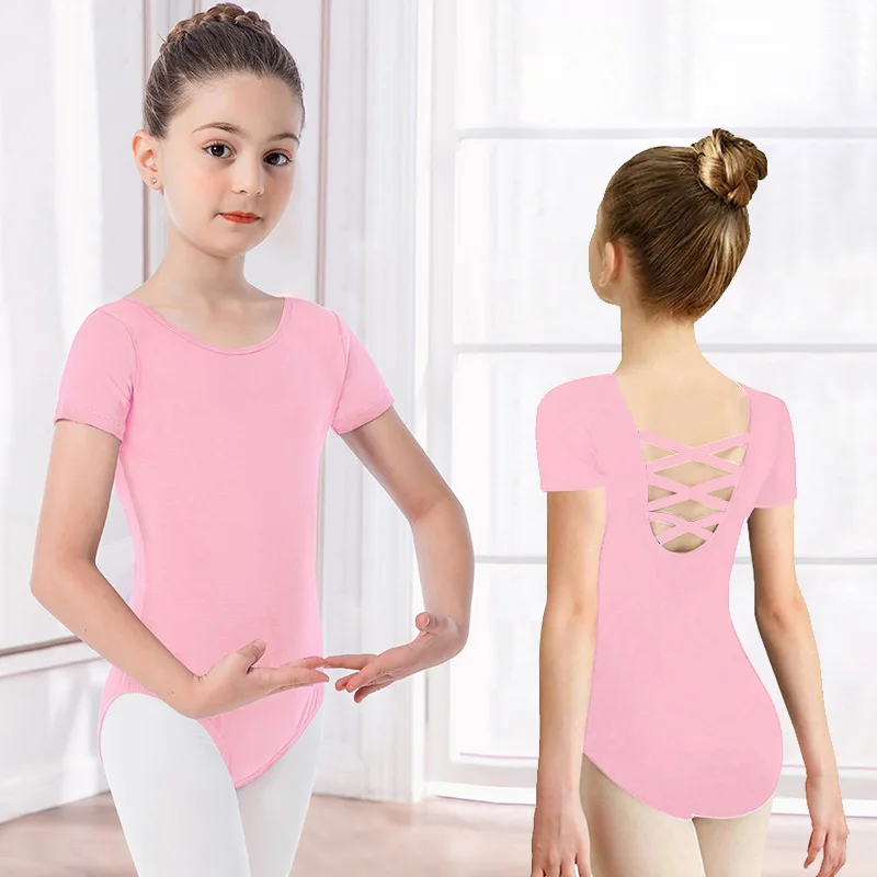 الفتيات فريق قصيرة الأكمام الباليه ملابس رقص الجمباز لفتاة الجمباز الرقص القمم مع الأشرطة المتقاطعة الظهر وبطانة ناعمة ثياب الرقص