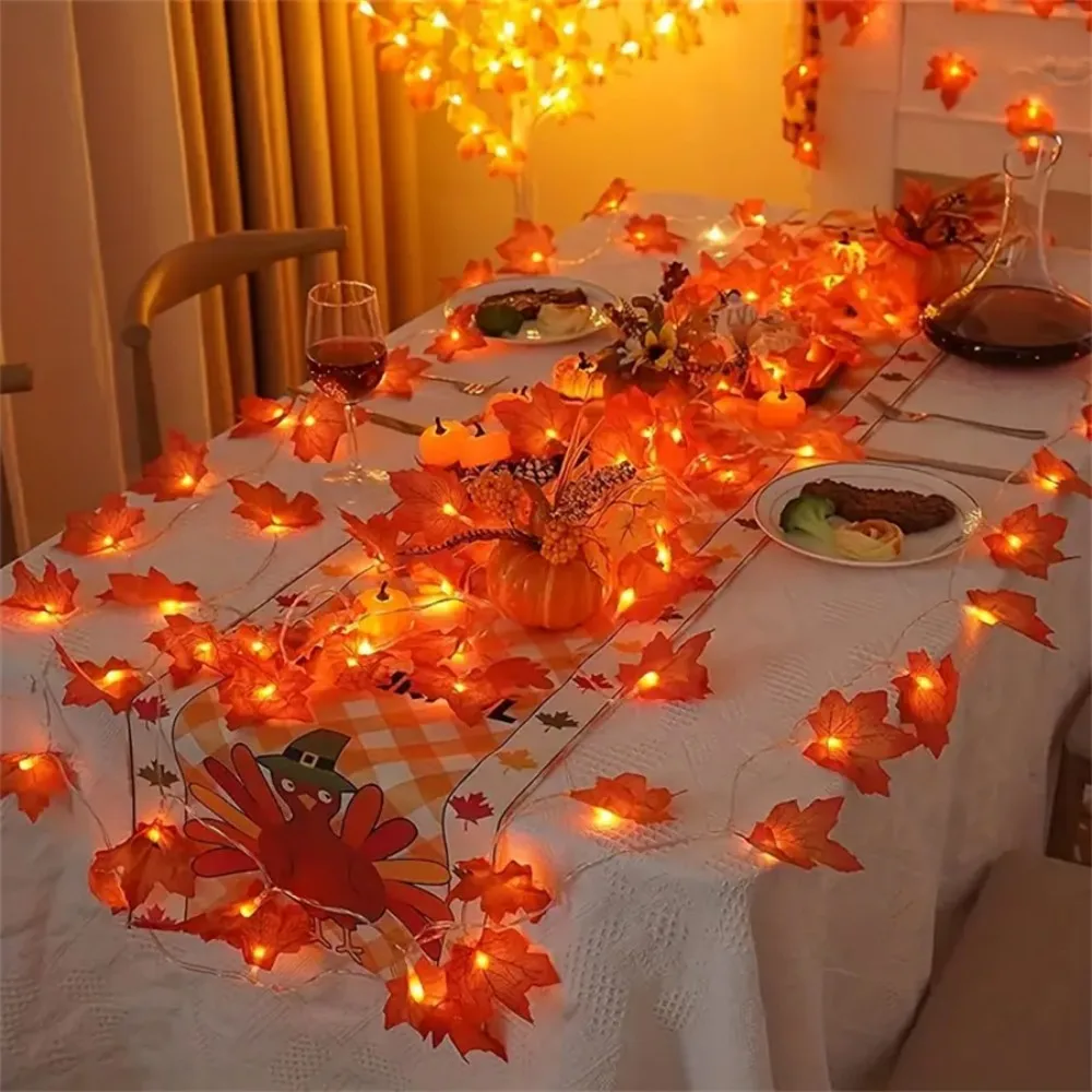 1PC 1.5M10LED/3M20LED Halloween red maple leaf light string,battery powered(without battery),used for autumn harvest decoration