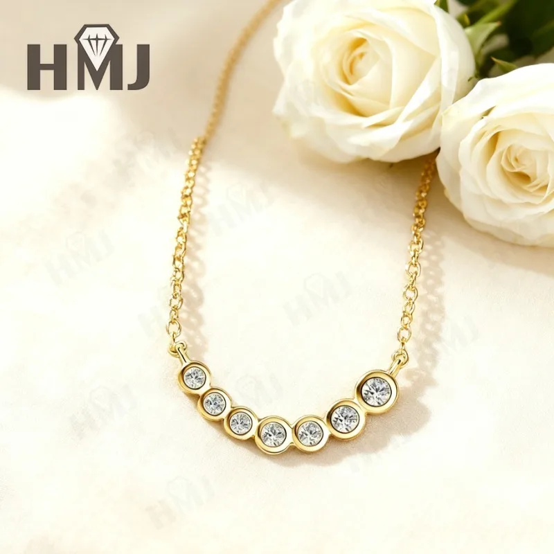 Zeven ronde ketting met ronde rand en D-kleur Ronde Moissanite S925 verguld wit geel rosé gouden ketting Verloving Kerstmis Dagelijks