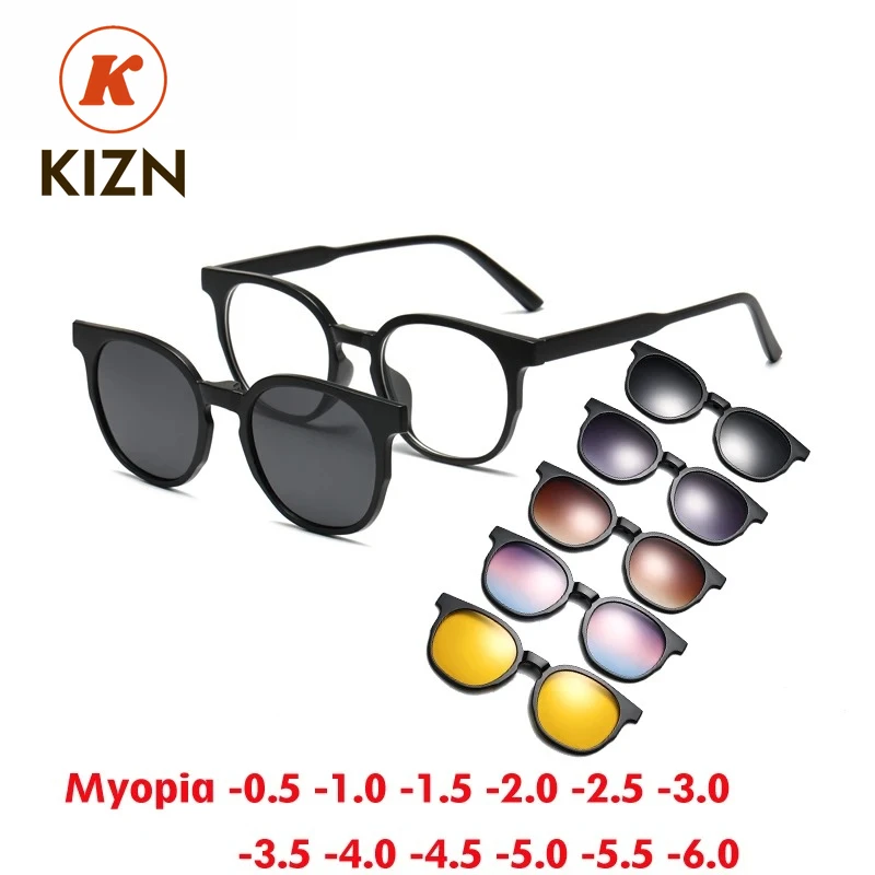 

KIZN 6 в 1 модные солнцезащитные очки для близорукости, оправа с градуированным магнитным зажимом, женские очки, поляризационные очки по индивидуальному заказу, оптика от -0,5 до -6,0