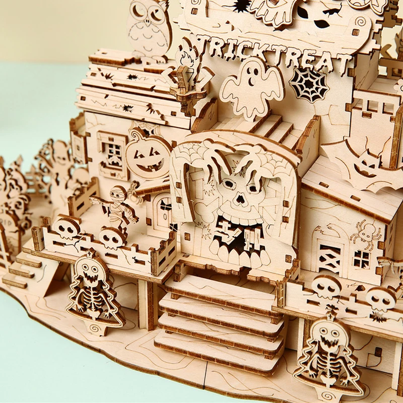 3D Halloween Geisterhaus Holzpuzzle Geisterbaum mit Licht DIY Modellbausatz Schreibtischdekoration Spielzeug Geschenk für Kinder und Erwachsene