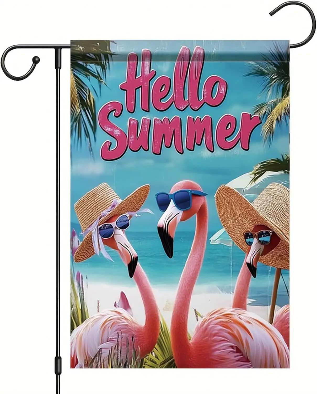 Summer Garden Flag 12x18 Inch Flamingo Hello Summer Tropical Beach Ocean Palm Tree Design Outdoor Yard Porch Lawn Patio Pool GGO