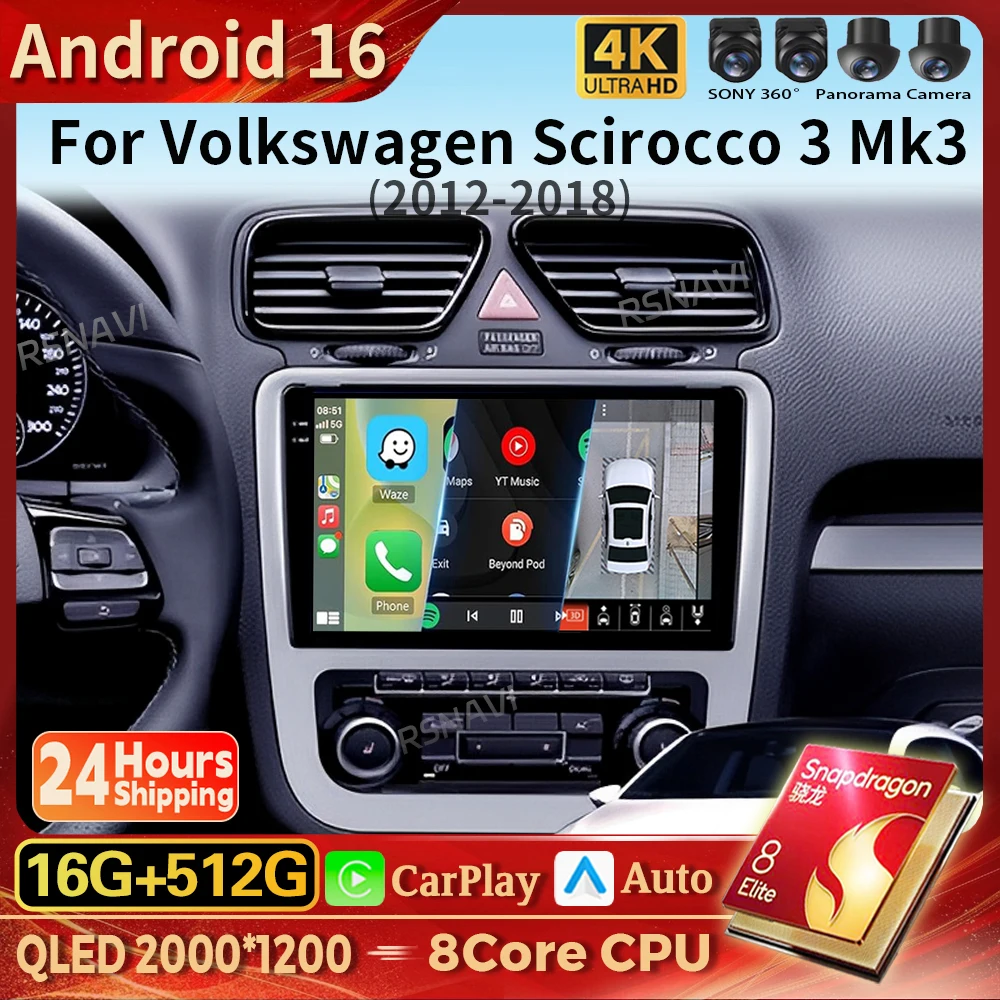 Android 16 Carplay Auto Autoradio Multimedia-Player für Volkswagen Scirocco 3 III Mk3 2008-2015 Autoradio Stereo 2din Head Unit