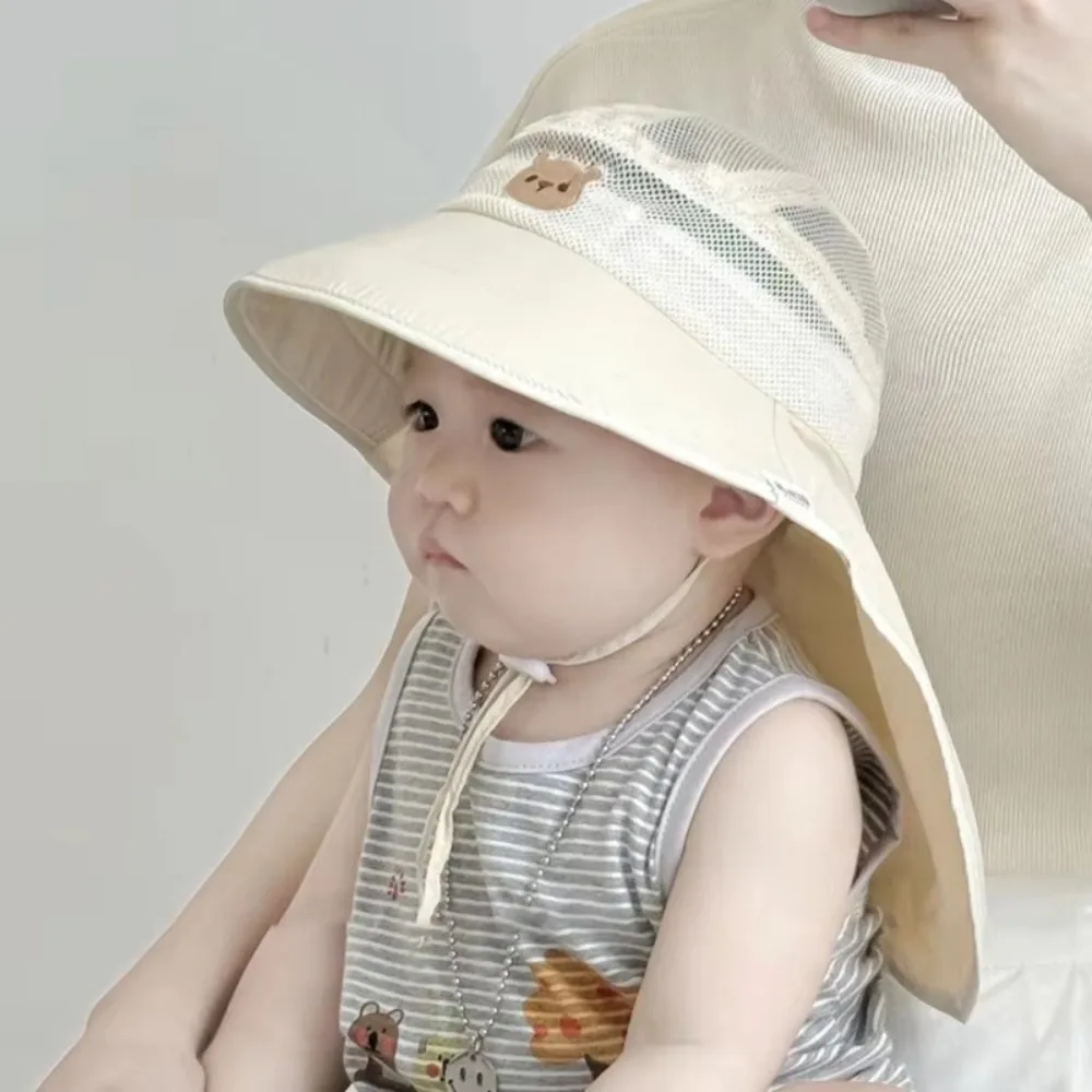 

Cute Soft Brim Bucket Hat Mesh Breathable Fisherman Hat Sun Protection Neck Flap Baby Cap Kids Unisex